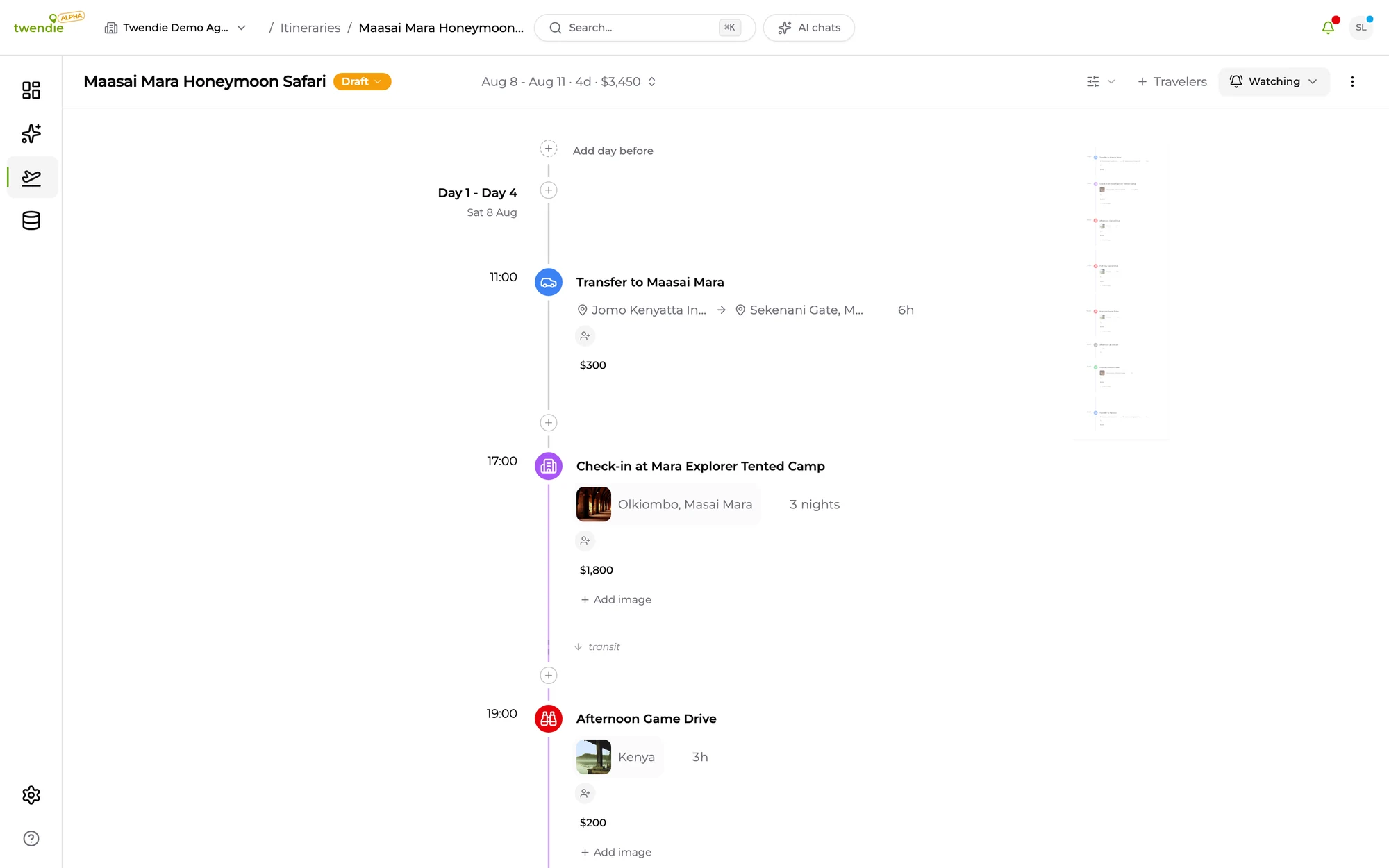 The itinerary builder showing a four day Amalfi Coast honeymoon as a timeline, with an airport transfer at 300 dollars, a cliffside hotel check in at 1,800 dollars and an afternoon boat tour, totalling 3,450 dollars for the trip.